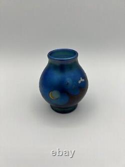 Lundberg Studios Blue Iridescent Moon Stars And Waves Art Glass Vase 1979