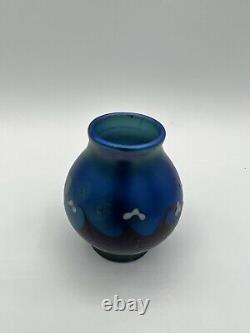Lundberg Studios Blue Iridescent Moon Stars And Waves Art Glass Vase 1979