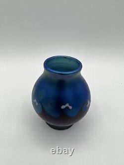 Lundberg Studios Blue Iridescent Moon Stars And Waves Art Glass Vase 1979