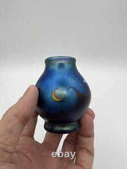 Lundberg Studios Blue Iridescent Moon Stars And Waves Art Glass Vase 1979