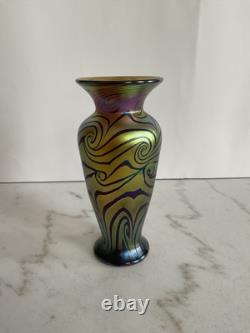 Lundberg Studios Gold and Blue Art Glass Vase Signed 1999
