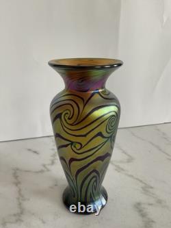 Lundberg Studios Gold and Blue Art Glass Vase Signed 1999