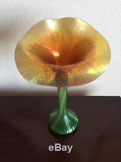 Lundberg Studios Green and Peach Jack-In-The-Pulpit Vase Signed Vintage 2000