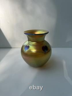 Lundberg Studios Heart & Vine Gold Aurene Iridescent Blown Art Glass Vase