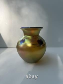 Lundberg Studios Heart & Vine Gold Aurene Iridescent Blown Art Glass Vase