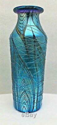 Lundberg Studios Iridescent Art Glass Threaded Vase-blues/ Green/ Violet-signed