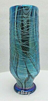 Lundberg Studios Iridescent Art Glass Threaded Vase-blues/ Green/ Violet-signed