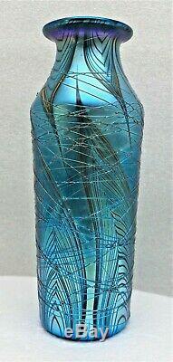 Lundberg Studios Iridescent Art Glass Threaded Vase-blues/ Green/ Violet-signed