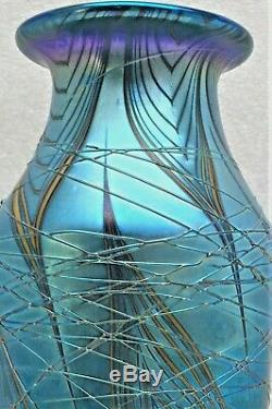 Lundberg Studios Iridescent Art Glass Threaded Vase-blues/ Green/ Violet-signed