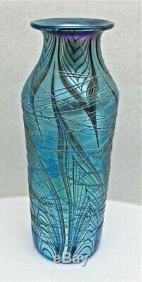 Lundberg Studios Iridescent Art Glass Threaded Vase-blues/ Green/ Violet-signed