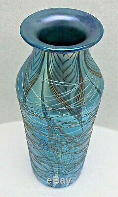 Lundberg Studios Iridescent Art Glass Threaded Vase-blues/ Green/ Violet-signed