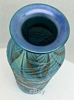 Lundberg Studios Iridescent Art Glass Threaded Vase-blues/ Green/ Violet-signed