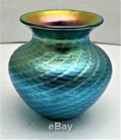 Lundberg Studios Iridescent Blue Aurene Art Glass Cabinet Vase-signed-dated 2003