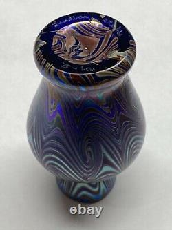 Lundberg Studios Iridescent Purple Pulled Feather Mini Cabinet Art Glass Vase