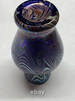 Lundberg Studios Iridescent Purple Pulled Feather Mini Cabinet Art Glass Vase