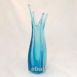 MCM 1960's Retro Blue LE Smith Glass Stretch Swung Three Foil Vase, 13 Tall