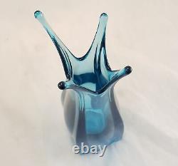 MCM 1960's Retro Blue LE Smith Glass Stretch Swung Three Foil Vase, 13 Tall