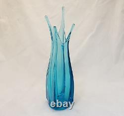 MCM 1960's Retro Blue LE Smith Glass Stretch Swung Three Foil Vase, 13 Tall