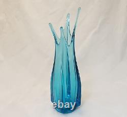 MCM 1960's Retro Blue LE Smith Glass Stretch Swung Three Foil Vase, 13 Tall