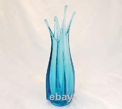 MCM 1960's Retro Blue LE Smith Glass Stretch Swung Three Foil Vase, 13 Tall