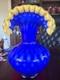 MCM Arte Murano Kristall Mery Cobalt Blue Vase Coin Dot withYellow Ruffled Rim