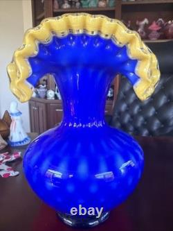 MCM Arte Murano Kristall Mery Cobalt Blue Vase Coin Dot withYellow Ruffled Rim