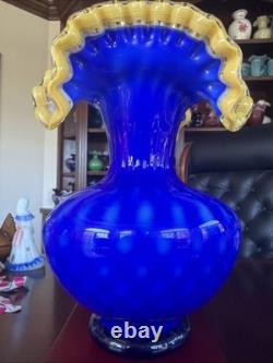 MCM Arte Murano Kristall Mery Cobalt Blue Vase Coin Dot withYellow Ruffled Rim
