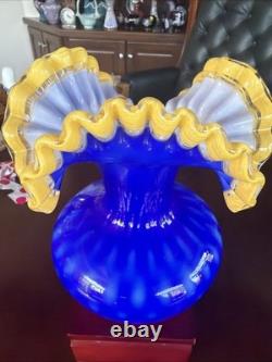 MCM Arte Murano Kristall Mery Cobalt Blue Vase Coin Dot withYellow Ruffled Rim