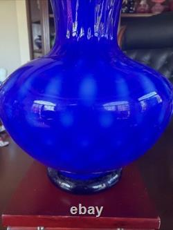 MCM Arte Murano Kristall Mery Cobalt Blue Vase Coin Dot withYellow Ruffled Rim
