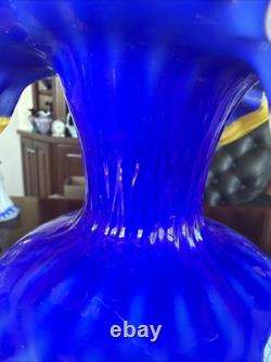 MCM Arte Murano Kristall Mery Cobalt Blue Vase Coin Dot withYellow Ruffled Rim