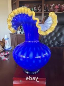 MCM Arte Murano Kristall Mery Cobalt Blue Vase Coin Dot withYellow Ruffled Rim