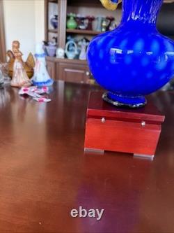 MCM Arte Murano Kristall Mery Cobalt Blue Vase Coin Dot withYellow Ruffled Rim