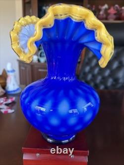 MCM Arte Murano Kristall Mery Cobalt Blue Vase Coin Dot withYellow Ruffled Rim
