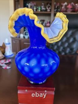 MCM Arte Murano Kristall Mery Cobalt Blue Vase Coin Dot withYellow Ruffled Rim