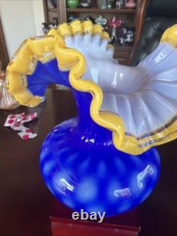 MCM Arte Murano Kristall Mery Cobalt Blue Vase Coin Dot withYellow Ruffled Rim