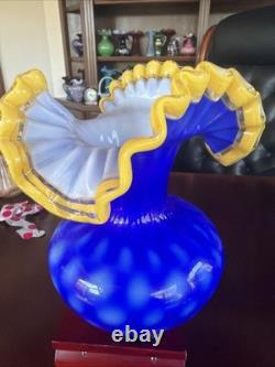 MCM Arte Murano Kristall Mery Cobalt Blue Vase Coin Dot withYellow Ruffled Rim