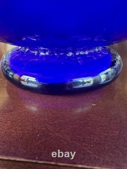 MCM Arte Murano Kristall Mery Cobalt Blue Vase Coin Dot withYellow Ruffled Rim