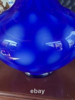 MCM Arte Murano Kristall Mery Cobalt Blue Vase Coin Dot withYellow Ruffled Rim