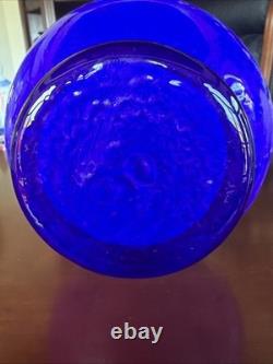 MCM Arte Murano Kristall Mery Cobalt Blue Vase Coin Dot withYellow Ruffled Rim