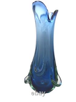 MCM MURANO Blue Glass SWUNG VASE Hand blown Large 15 H
