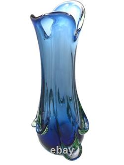 MCM MURANO Blue Glass SWUNG VASE Hand blown Large 15 H