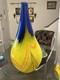 MCM Murano Style Art Glass Vase VNTG Heavy Yellow Cobalt Blue Ribbons