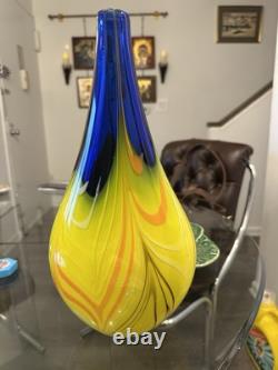 MCM Murano Style Art Glass Vase VNTG Heavy Yellow Cobalt Blue Ribbons