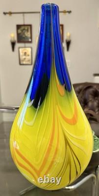MCM Murano Style Art Glass Vase VNTG Heavy Yellow Cobalt Blue Ribbons