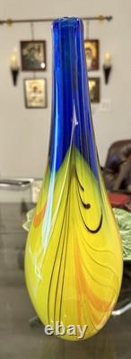 MCM Murano Style Art Glass Vase VNTG Heavy Yellow Cobalt Blue Ribbons