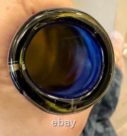 MCM Murano Style Art Glass Vase VNTG Heavy Yellow Cobalt Blue Ribbons