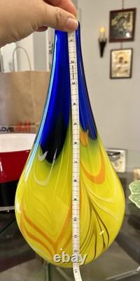 MCM Murano Style Art Glass Vase VNTG Heavy Yellow Cobalt Blue Ribbons