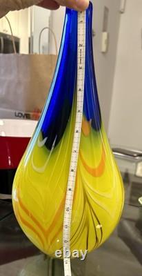 MCM Murano Style Art Glass Vase VNTG Heavy Yellow Cobalt Blue Ribbons