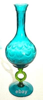 MCM Tuscany Italy Empoli Art Glass Blue Green Draped Vase Ring Stem Pedestal O