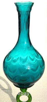 MCM Tuscany Italy Empoli Art Glass Blue Green Draped Vase Ring Stem Pedestal O